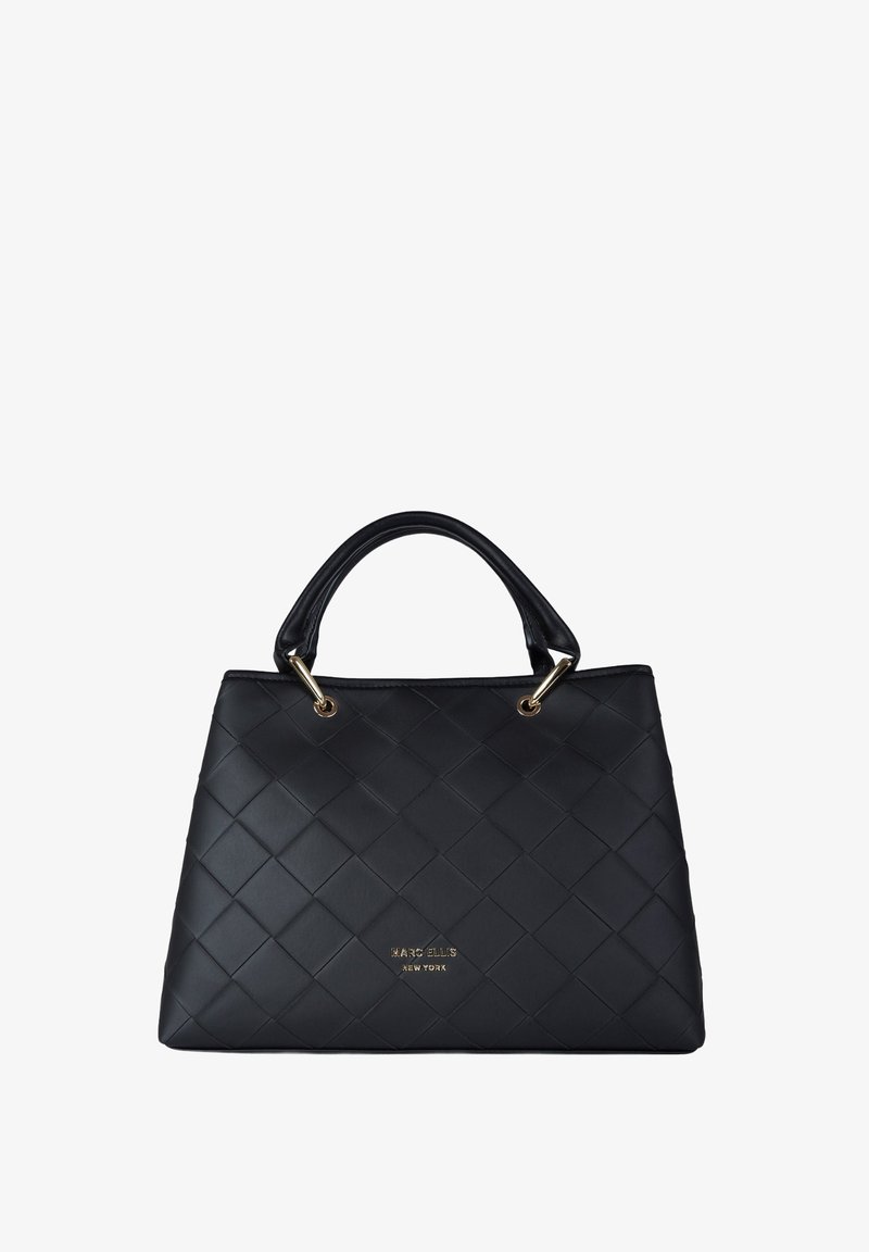 Borsa trapuntata nera in pelle sintetica con ferrature color oro. Presenta doppi manici arrotondati e una forma strutturata.