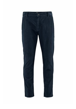 Donkerblauwe heren corduroy broek met knoop- en ritssluiting, riemlussen en een rechte pijp op een witte achtergrond.