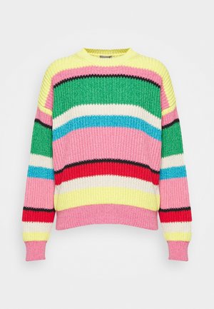Knitted sweater featuring vertical stripes in pink, green, yellow, blue, and red. Ribbed texture and crew neck with long sleeves.