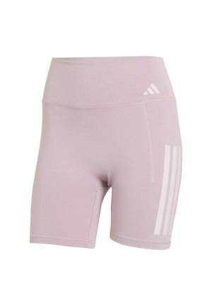 Shorts de sport violet clair avec une taille haute, une texture lisse et un design à trois bandes blanches sur un côté. Comprend une poche latérale.