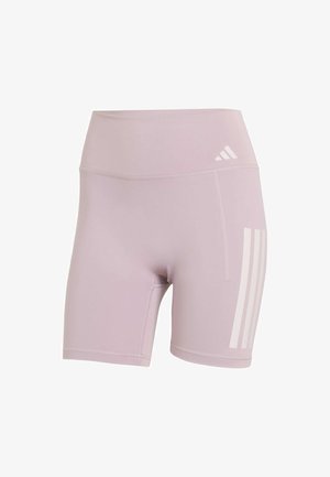 Shorts de sport violet clair avec une taille haute, une texture lisse et un design à trois bandes blanches sur un côté. Comprend une poche latérale.