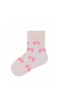 Calze rosa chiaro con un polsino strutturato, caratterizzate da un motivo di forme di farfalle rosa. Materiale in cotone morbido, lunghezza a metà polpaccio.
