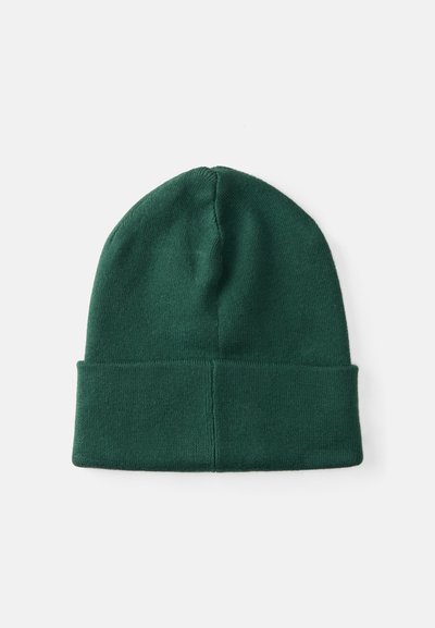 Gorro de malha verde com uma borda dobrada, textura suave e topo sem costuras. O material parece quente e aconchegante, adequado para uso em climas frios.
