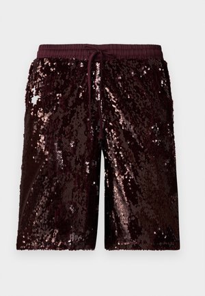 Bordeaux pailletten shorts met een rekbare tailleband en een verstelbaar trekkoord. Heeft een glanzend, textuur oppervlak met reflecterende pailletten.