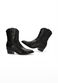 Botas de vaquero de cuero negro con punta afilada, tacón bajo y detalles de costura sutiles. Textura suave y diseño de altura en el tobillo.