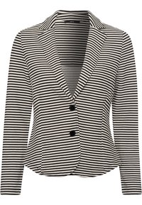 Blazer rayé noir et blanc en tissu doux, doté d'un col cranté, de deux boutons et d'une silhouette cintrée.