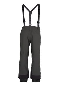 Pantalones de nieve grises con tirantes ajustables negros, de corte relajado, con puños reforzados y una textura suave, diseñados para actividades invernales.