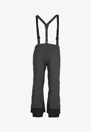Grijze sneeuwbroeken met zwarte verstelbare bretels, een relaxte pasvorm, versterkte manchetten en een gladde textuur, ontworpen voor winteractiviteiten.