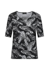 Zwarte T-shirt met korte mouwen, voorzien van een zilveren bloemen- en verenpatroon, met een ronde halslijn en zachte, textuurrijke stof.
