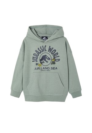 Light green hoodie with a Jurassic World logo, dinosaur silhouette, and the text "AIR.LAND.SEA since 1993" on the front.
