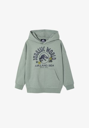 Hellgrüner Hoodie mit einem Jurassic World-Logo, Dinosaurier-Silhouette und dem Text "AIR.LAND.SEA seit 1993" auf der Vorderseite.