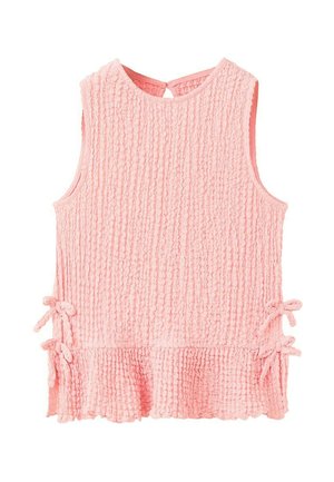 Haut rose texturé sans manches avec ourlet à volants et détails noués sur les côtés, doté d'une petite fermeture bouton au dos du col.