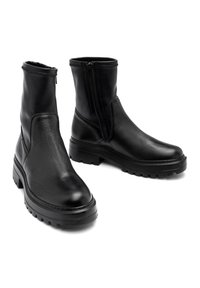 Schwarze Leder-Ankle-Boots mit strukturiertem Finish, seitlichen Reißverschlüssen und massiven Gummisohlen mit einem genoppten Design.