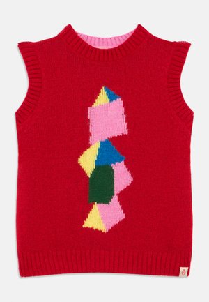 Vestă roșie fără mâneci din tricot cu margini reiate și un model geometric colorat central în forme roz, galben, albastru și verde.
