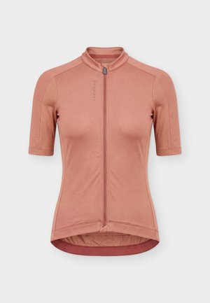 Maglia da ciclismo a maniche corte con zip in rosa smorzato, con colletto alla coreana e tessuto finemente strutturato, mostrata su sfondo bianco.