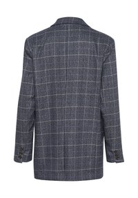 Grau kariertes Sakko aus strukturiertem Stoff, mit Reverskragen und geknöpften Manschetten. Rückansicht zeigt eine taillierte Passform und Musterdetails.