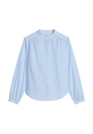 Blouse à manches longues à rayures verticales bleu clair et blanc, avec un col rond et des poignets boutonnés, conçue pour une coupe décontractée.