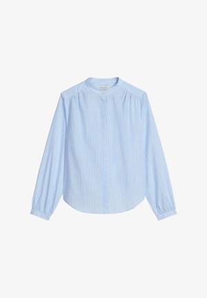 Lichtblauw-witte blouse met verticale strepen, lange mouwen, een ronde kraag en knoopmanchetten, ontworpen voor een ontspannen pasvorm.