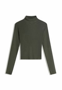 Maslinasto zeleni rebrasti pulover s turtleneck izrezom, dugim rukavima i skraćenim rubom. Teksturirana tkanina poboljšava vizualni dojam i prianjanje uz tijelo.