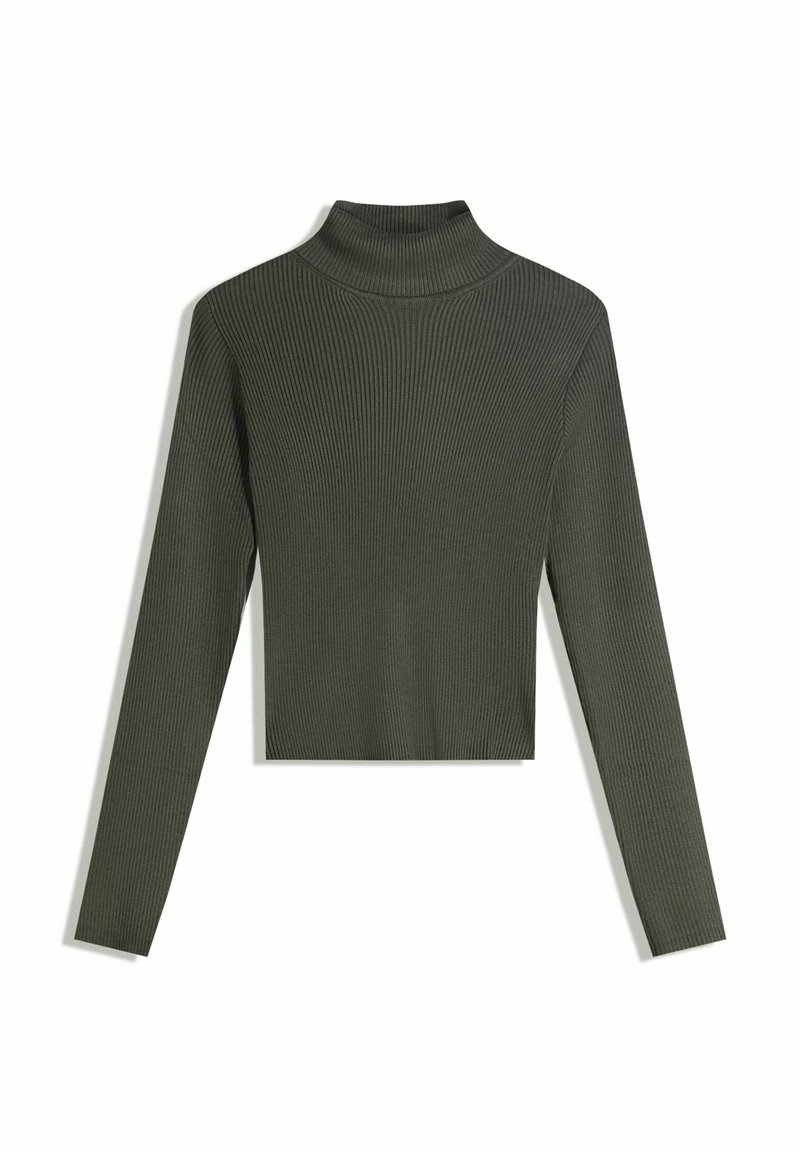 Maslinasto zeleni rebrasti pulover s turtleneck izrezom, dugim rukavima i skraćenim rubom. Teksturirana tkanina poboljšava vizualni dojam i prianjanje uz tijelo.