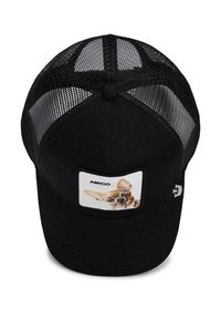 Cappellino da baseball nero con lati in rete, dotato di una toppa frontale con un cane a cartone animato e il testo "AMIGO." Visiera strutturata e regolabile con chiusura snapback.