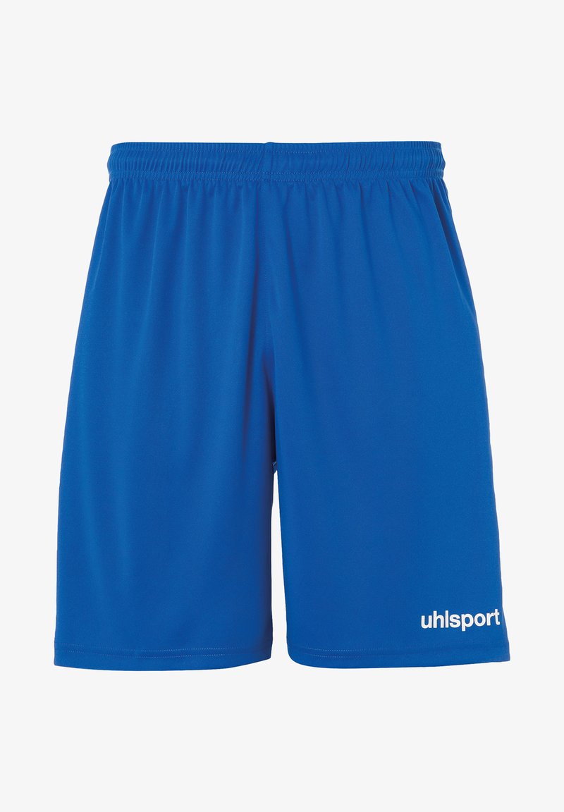 Blauwe sportbroekjes van lichtgewicht stof, met een elastische tailleband en een wit logo dat aan de onderste rechterzijde is gedrukt.