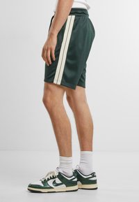Shorts de sport verts avec des rayures blanches sur le côté, fabriqués en matériau léger. Portés avec une paire de baskets vertes et blanches et des chaussettes à poignets.