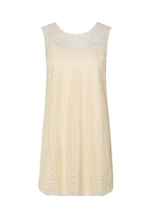 Robe sans manches en beige clair avec une superposition en dentelle, présentant une coupe décontractée, un ourlet en forme de vagues et un motif texturé sur toute la surface.