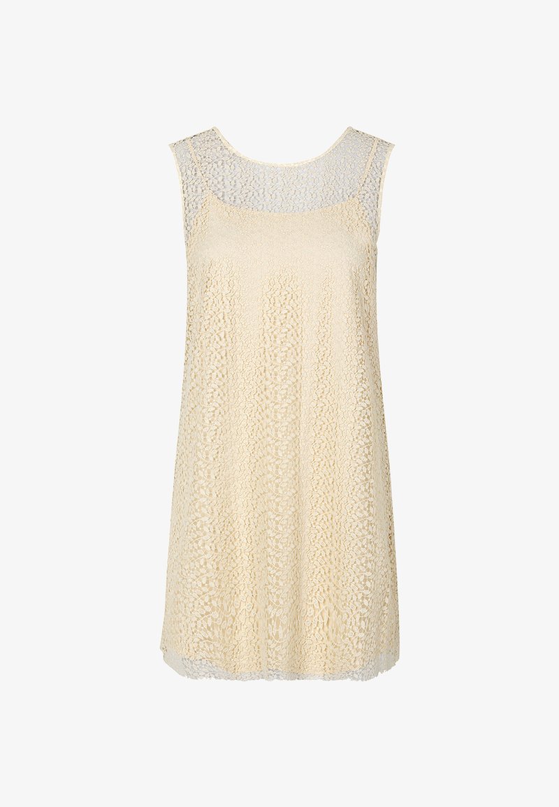 Robe sans manches en beige clair avec une superposition en dentelle, présentant une coupe décontractée, un ourlet en forme de vagues et un motif texturé sur toute la surface.