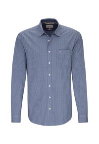 Camicia a maniche lunghe a quadri blu e bianchi con colletto con bottoni, tasca anteriore e tessuto strutturato. Presenta bottoni bianchi.