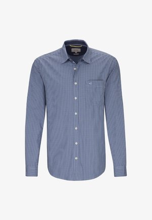 Chemise à manches longues bleu et blanc à carreaux, avec col boutonné, poche avant et tissu texturé. Boutons blancs.