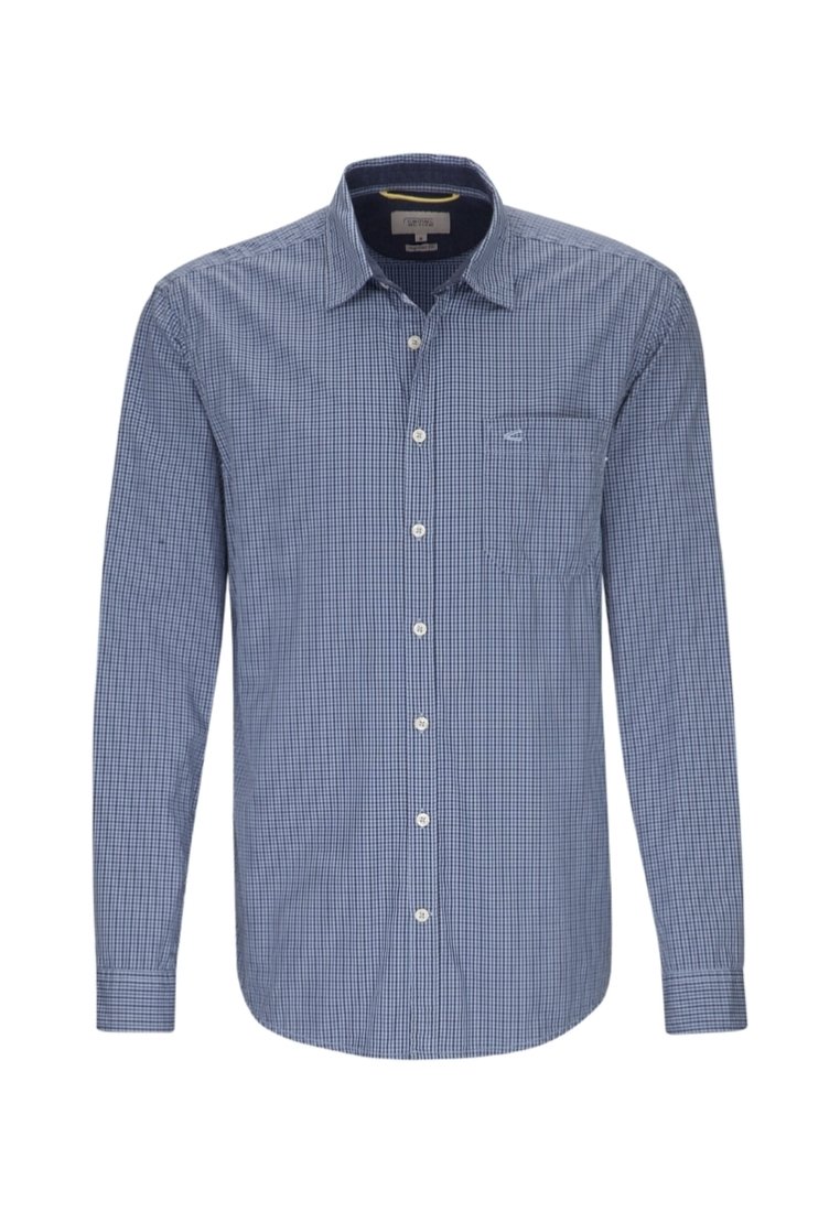 Camicia a maniche lunghe a quadri blu e bianchi con colletto con bottoni, tasca anteriore e tessuto strutturato. Presenta bottoni bianchi.