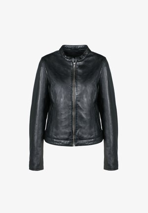 Giacca di pelle nera con colletto alto, zip frontale e vestibilità aderente. Texture liscia e dettagli di cucitura sottili lungo le cuciture.