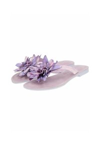 Infradito viola con grandi ornamenti in tessuto a forma di fiore sulle cinghie, texture simile alla suede e suole bianche flessibili.
