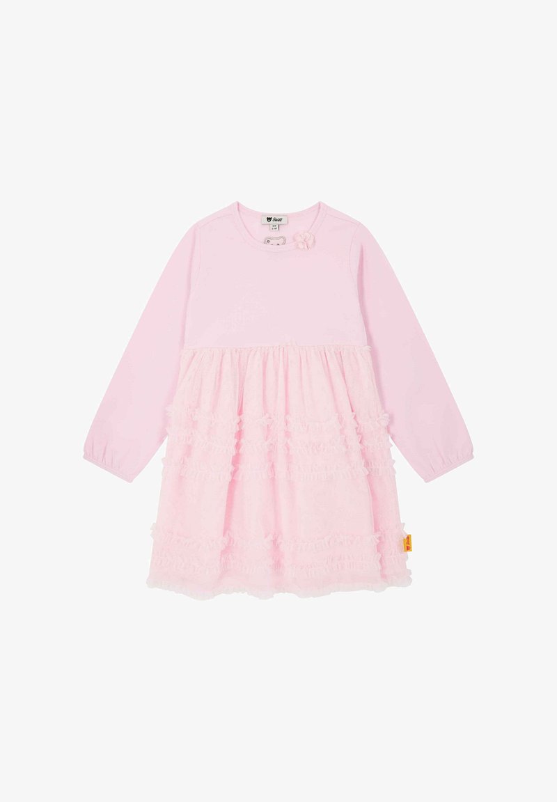 Rosa Langarmkleid mit einem weit ausgestellten, rüschierten Rockdetail, das einen glatten oberen Teil und geschichtete Rüsche am Saum aufweist. Kleine florale Akzente.