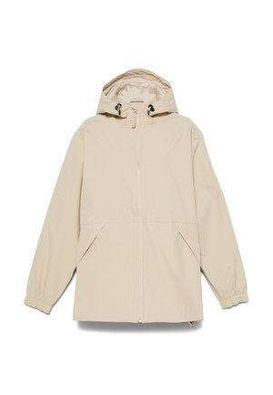 Beige lättviktsjacka med huva, framdragkedja och sidofickor. Elastiska ärmmuddar och en något oversize passform ökar komforten.