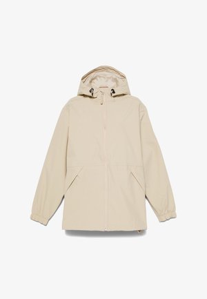 Beige Leichtgewichtjacke mit Kapuze, frontaler Reißverschluss und seitlichen Taschen. Elastische Bündchen und eine leicht übergroße Passform erhöhen den Komfort.