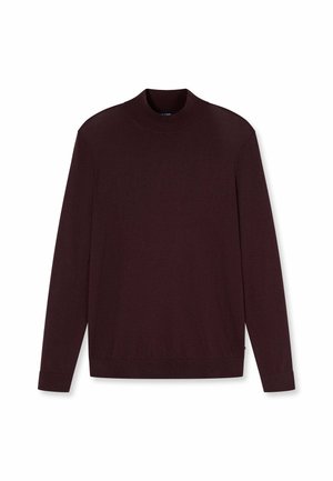 Dark brown long-sleeve sweater with a ribbed mock neck, cuffs, and hem, displayed on a white background.