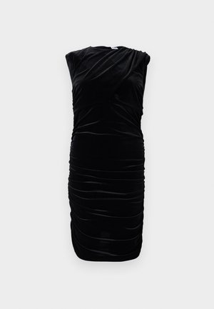 Zwart fluwelen jurk met kapmouwen, gedrapeerd ontwerp en geplooide textuur aan de zijkanten. Knie-lengte, gladde afwerking en subtiele glans.