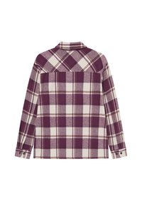 Flanellskjorte i lilla med hvit og kremfarget rutemønster. Har krage, lange ermer og knapper på mansjettene. Myk tekstur og avslappet passform.