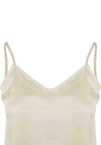 Beige toppi ilman hihnoja, jossa on säädettävät spagettilenkkiolkaimet. Tässä on sileä, kiiltävä pinta ja V-pääntie, mikä luo minimalistisen ilmeen.