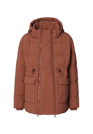 Brown padded jacket with a hood, featuring a double zipper front, two side pockets, and adjustable drawstrings at the waist and hood.