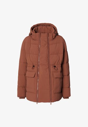 Bruine gewatteerde jas met capuchon, voorzien van een dubbele ritssluiting aan de voorkant, twee zijzakken en verstelbare trekkoorden in de taille en capuchon.