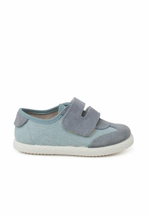 Light blue and grey children's shoe with a textured mesh upper, suede accents, and a Velcro strap. Rubber sole with a slight tread.
