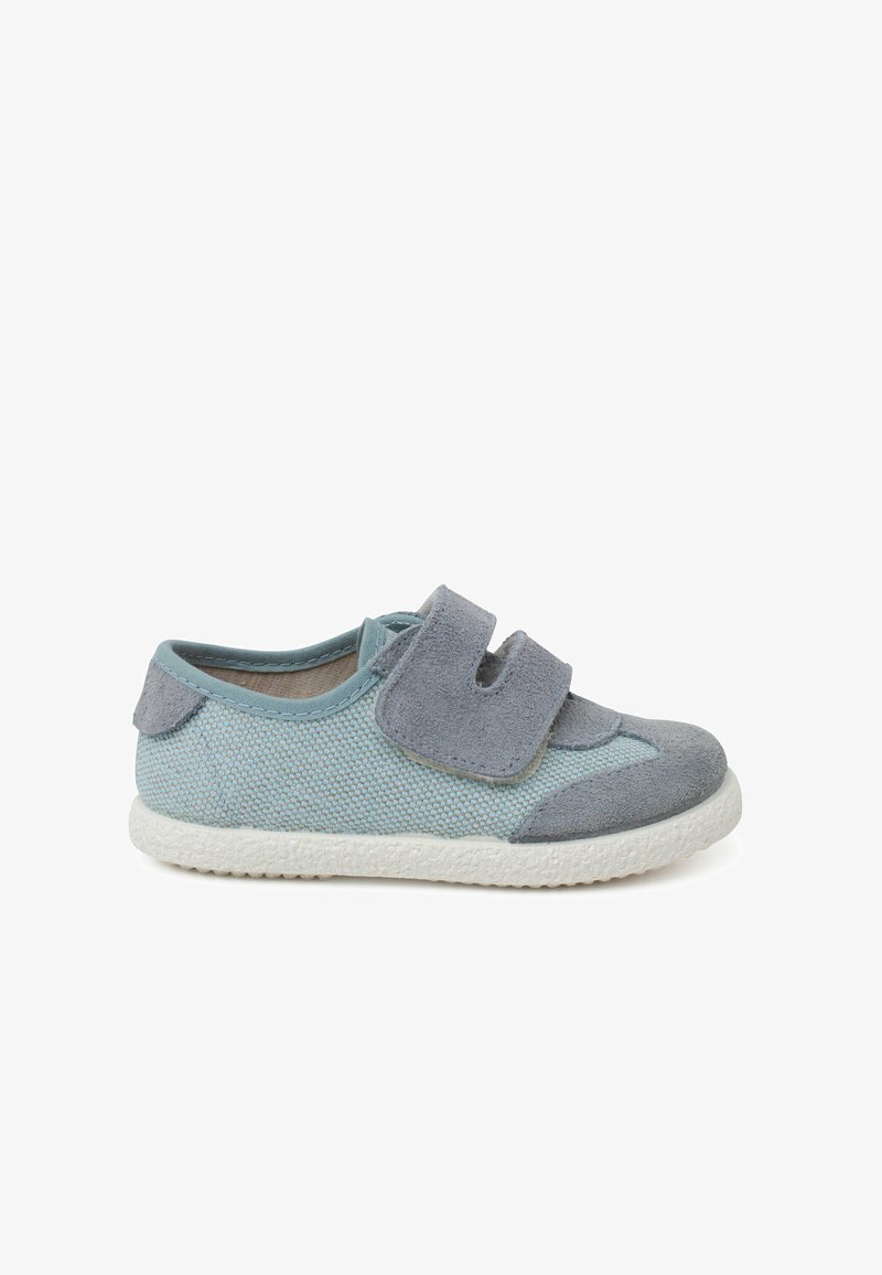 Light blue and grey children's shoe with a textured mesh upper, suede accents, and a Velcro strap. Rubber sole with a slight tread.