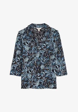 Blouse à manches longues foncée avec imprimé botanique de feuilles bleues et marron et col cranté, posée à plat sur un fond blanc.
