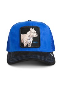 Blue cap with a black suede bill, featuring an embroidered design of a dog in a square patch. Includes "FLEX" text in blue.