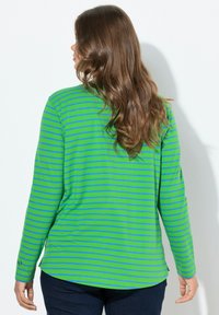 Vihreä pitkähihainen paita, jossa on vaakasuoria sinisiä raitoja, valmistettu pehmeästä kankaasta. Siinä on pyöristetty helma ja pieni logo hihassa.