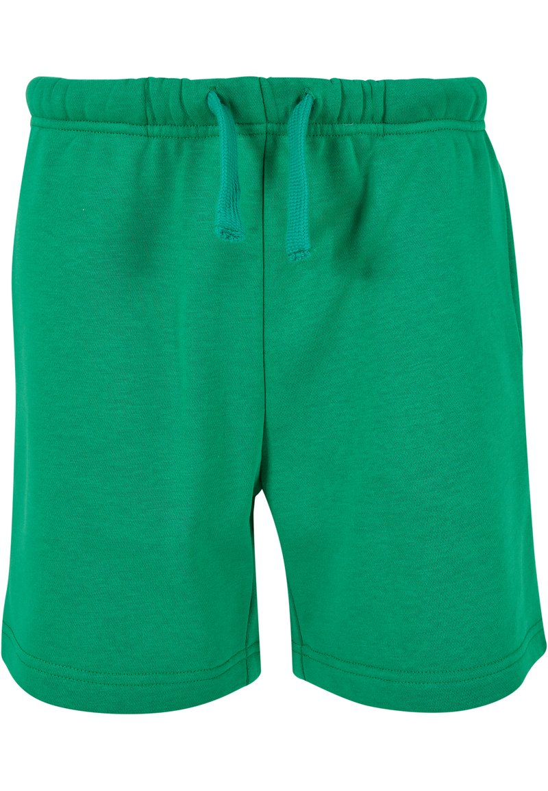 Grønne bomullsshorts med elastisk midje og snor, med en glatt tekstur og ingen synlige mønstre eller detaljer.