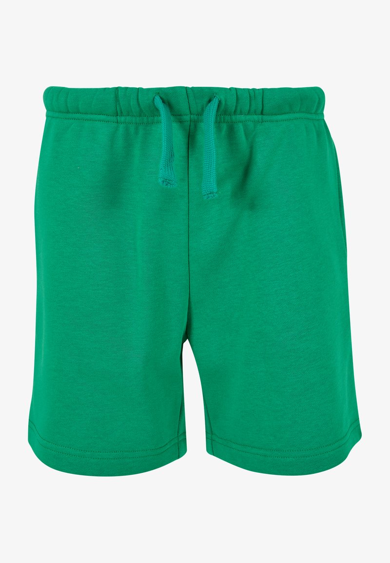 Shorts en coton verts avec une taille élastique et un cordon de serrage, présentant une texture lisse et sans motifs ni accents visibles.